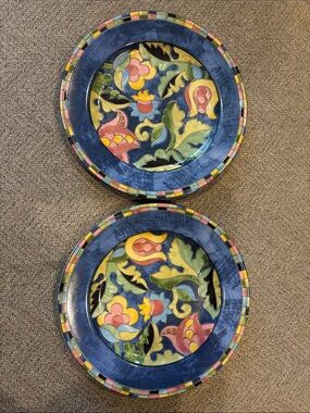 Hand-Painted Floral Ceramic salad plates in Blue - Set of 2